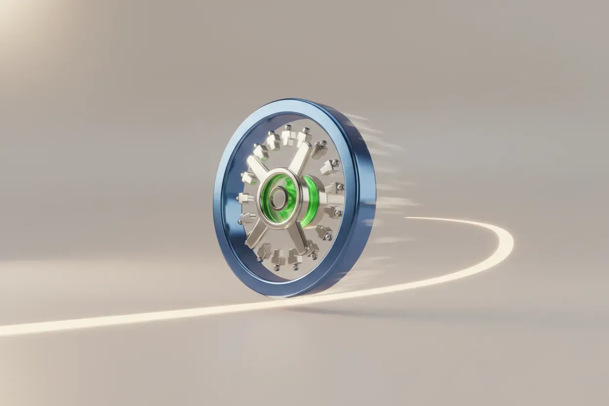 A polished blue and green flywheel gaining momentum, symbolizing organizational alignment and buy-in for faster change.