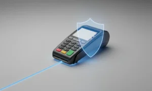 Modern payment terminal with a subtle blue shield glow, symbolizing secure and seamless payment processing.