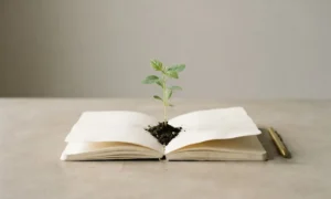 Green seedling growing from an open blank notebook, symbolizing unconventional learning that supports small-business growth.