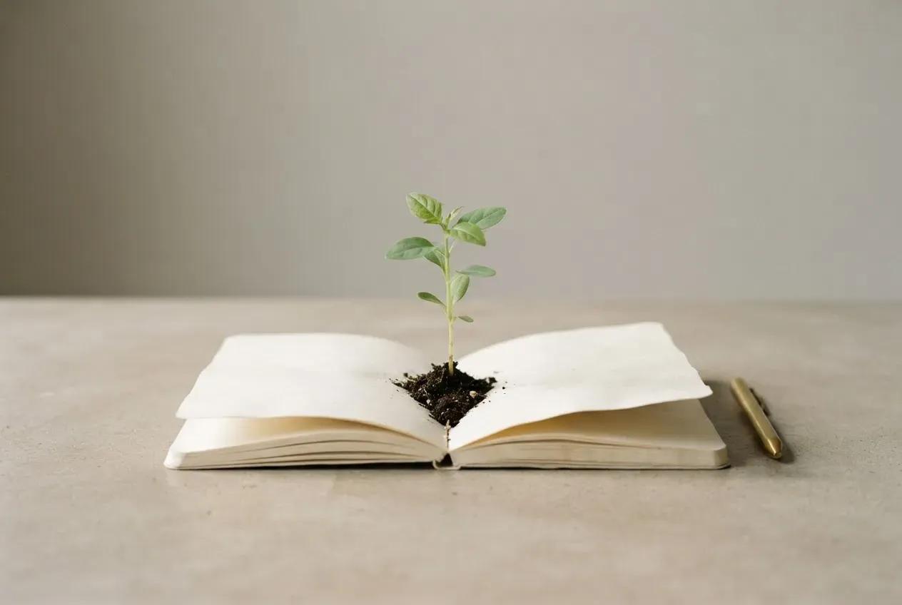 Green seedling growing from an open blank notebook, symbolizing unconventional learning that supports small-business growth.