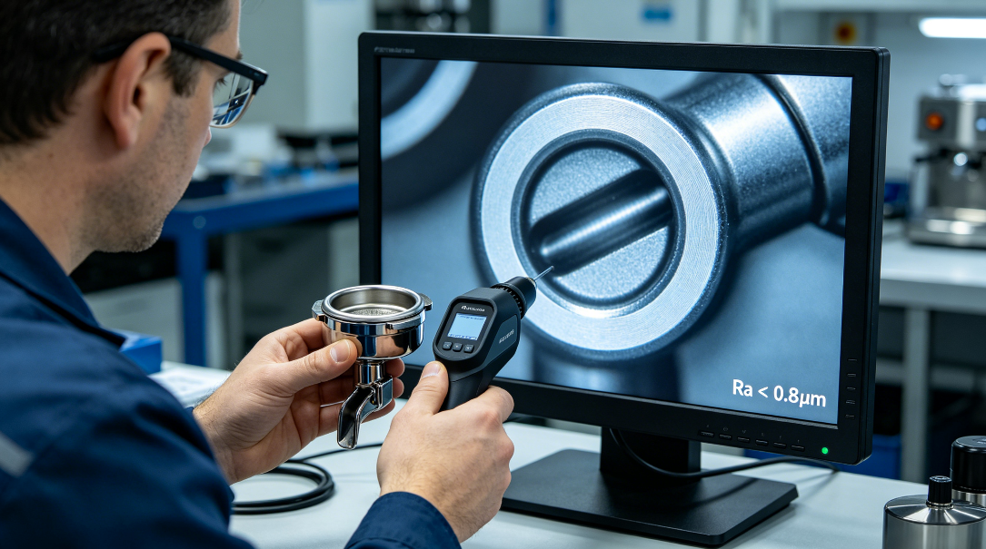 Close-up, realistic shot in a quality lab, showing an engineer inspecting the micro-surface finish of a coffee machine component with a high-magnification borescope, displaying a flawless, smooth interior with "Ra < 0.8μm" noted.