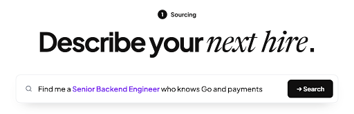 The sourcing search: a role described in one line, with the title recognised before any filter is set.