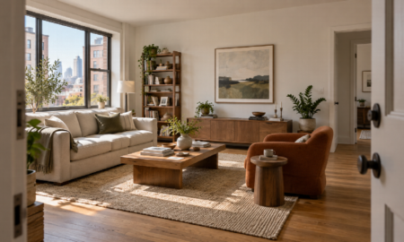 A living room viewed from its entry, showing the overall composition and circulation space.