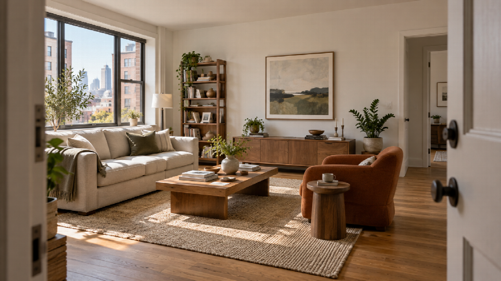 A living room viewed from its entry, showing the overall composition and circulation space.