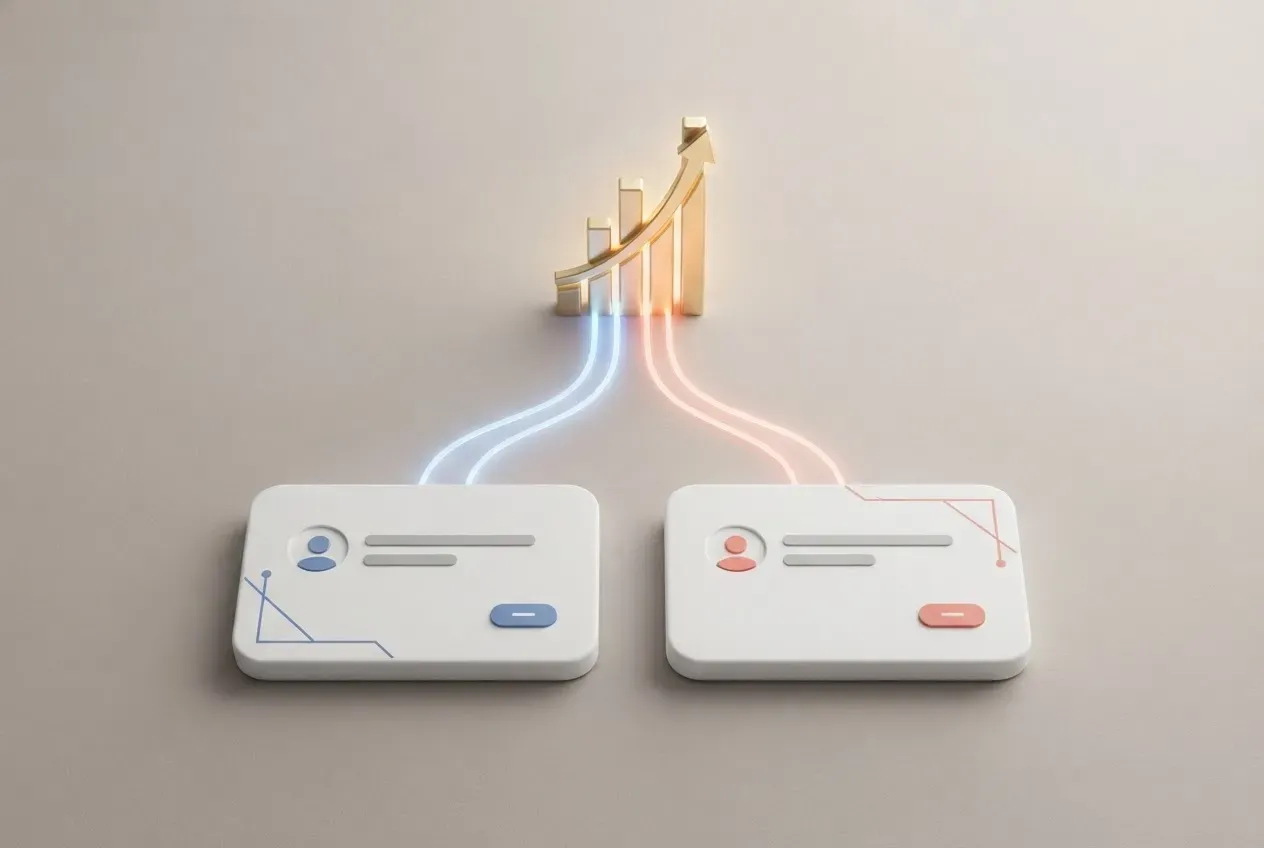 Two interface variants converge into a glowing upward revenue path, symbolizing an A/B test revealing a profitable opportunity.