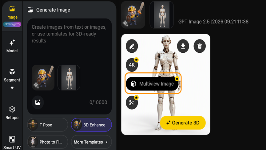 Tripo’s Generate Multi-Views function can create front, left, right and back references from one prepared image.