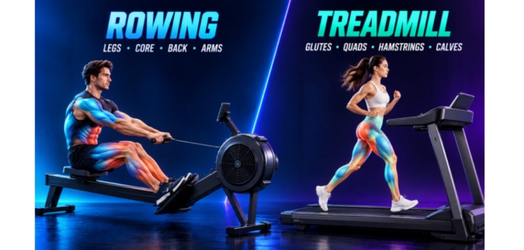 Rowing and treadmill muscle use comparison