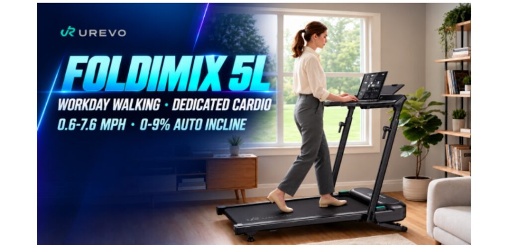 UREVO FoldiMix 5L smart treadmill with an adjustable workstation
