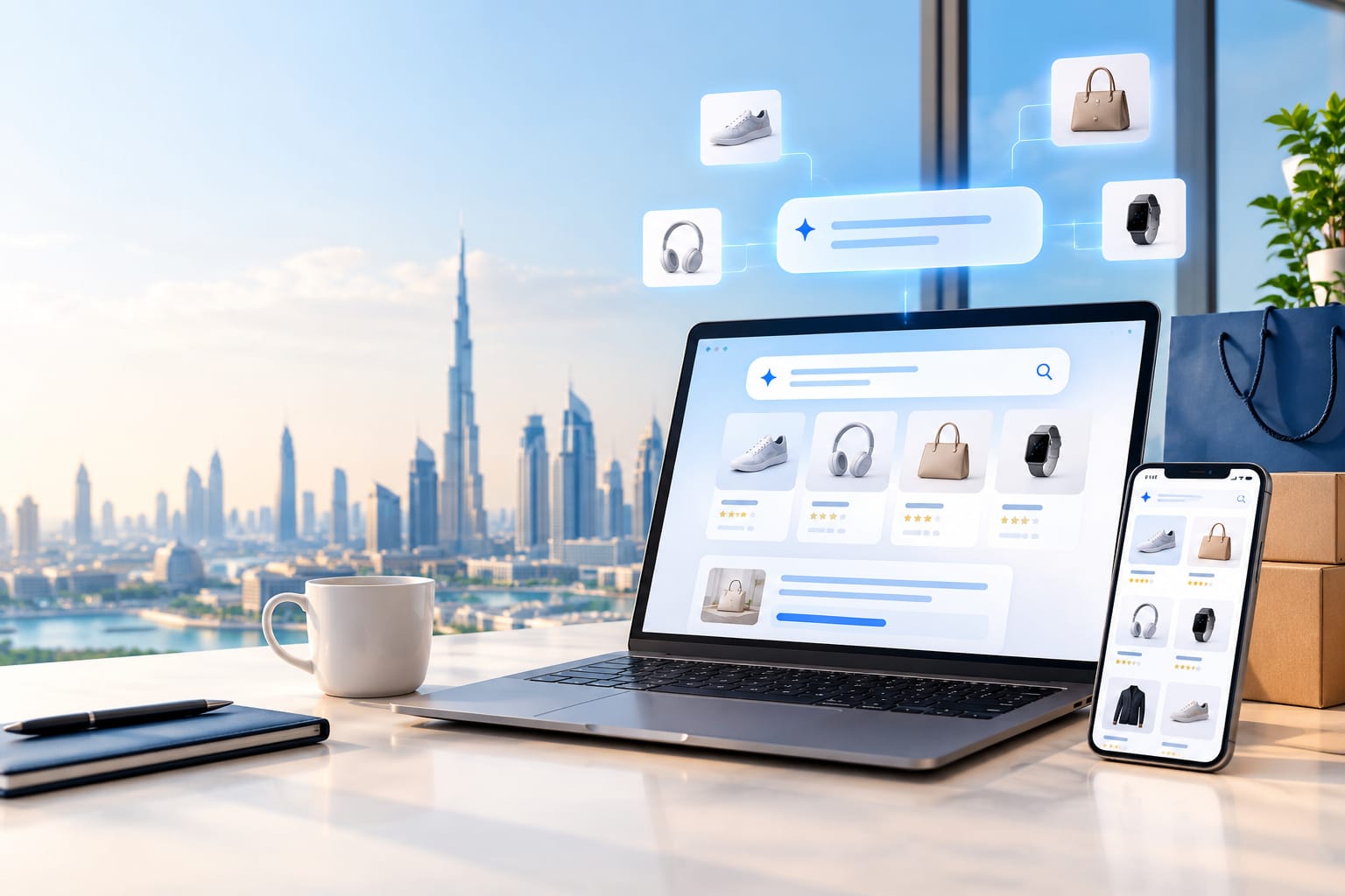 AI-powered product discovery and e-commerce search on laptop and smartphone