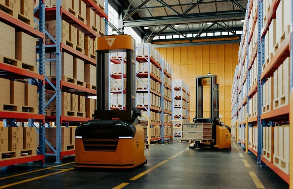 Autonomous forklifts and mobile robots operating in a warehouse aisle between high racks.