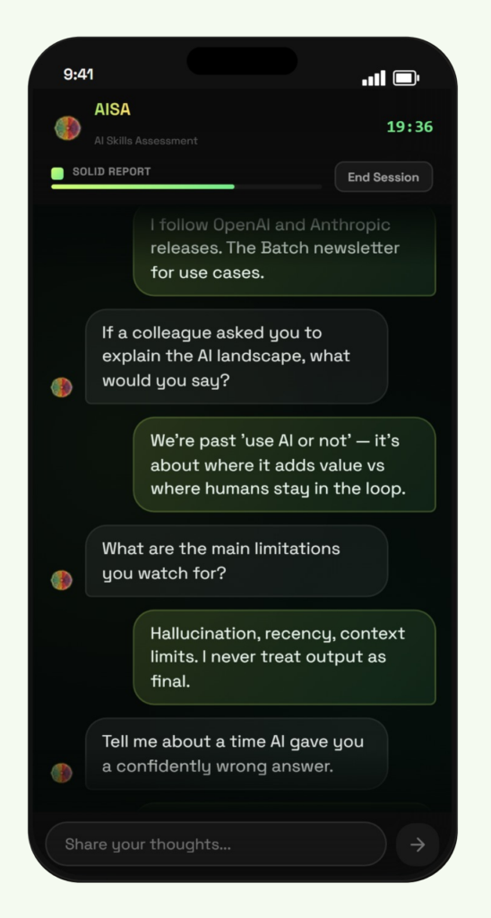 A phone screen showing an AISA assessment in progress: the AI interviewer asks how the person would explain the AI landscape, which limitations they watch for, and about a time AI gave them a confidently wrong answer.