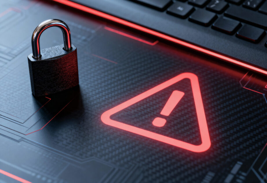 Computer screen displaying a lock and warning sign representing cybersecurity threats, cyber insurance coverage gaps, and 831(b) Plans for cyber risk management.