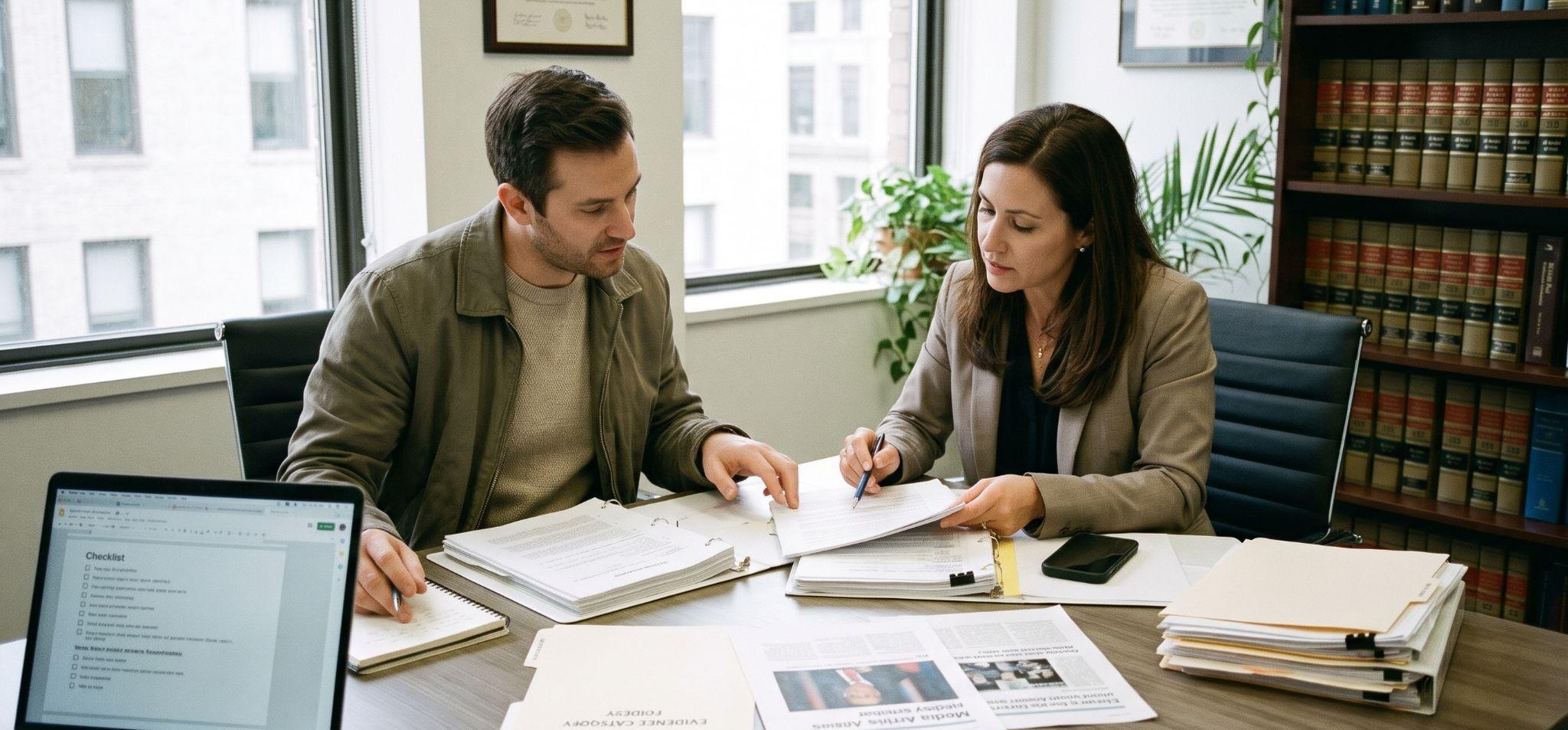 Attorney and client reviewing EB-1A petition evidence documents in office