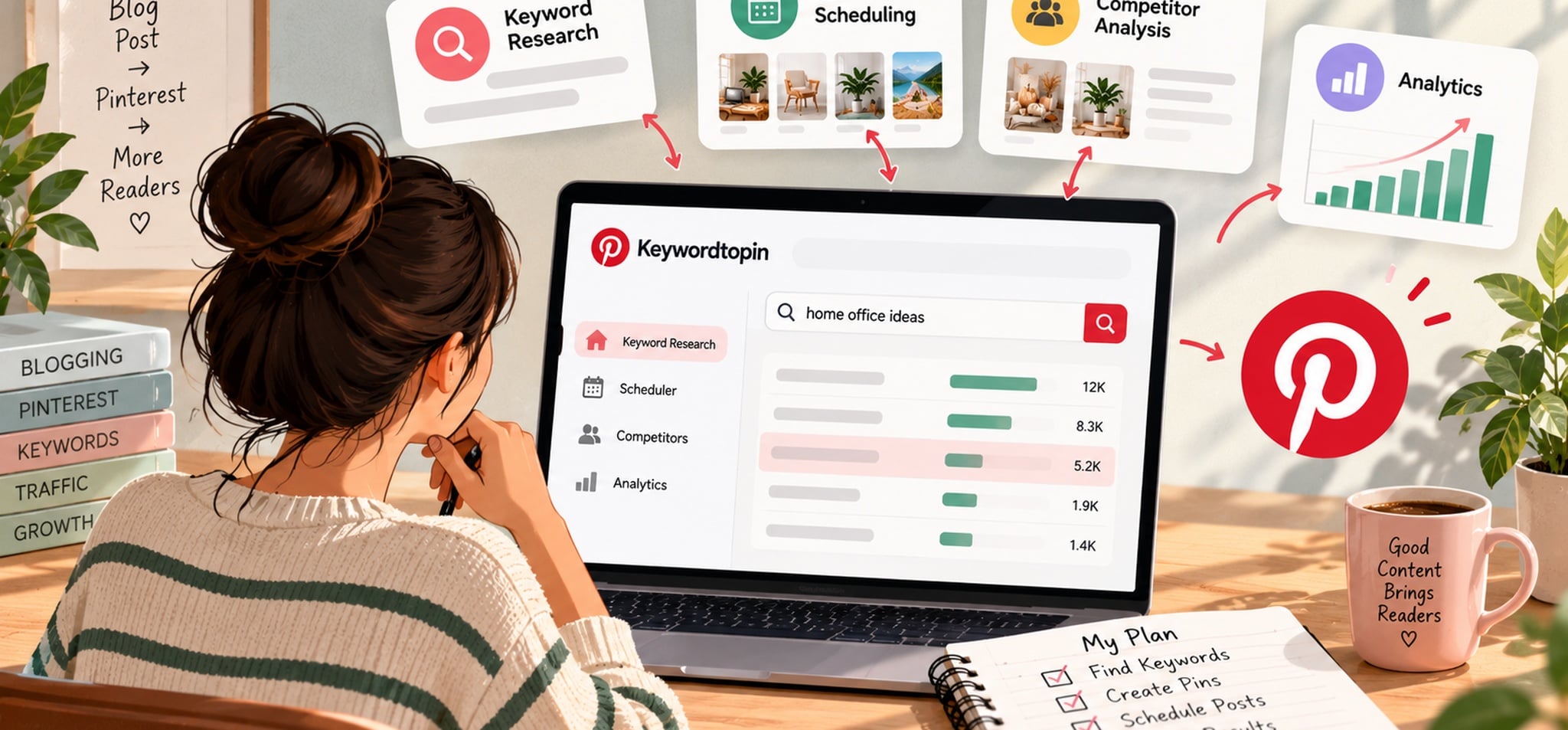 Blogger planning Pinterest keyword strategy at desk with laptop