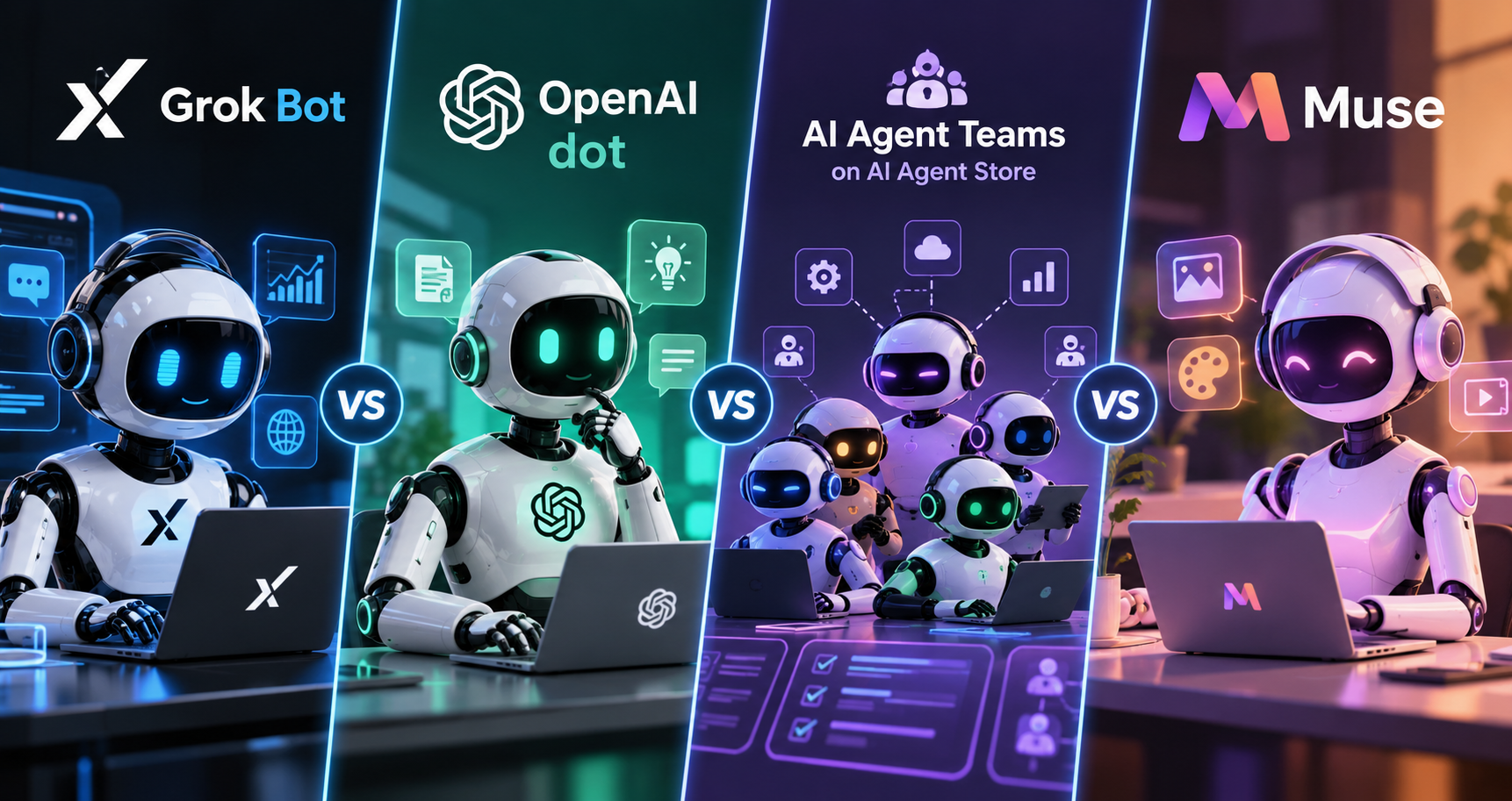 Grok Bot vs OpenAI dot vs AI Agent Teams on AI Agent Store vs Muse