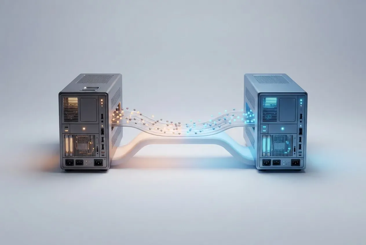 Legacy and modern server modules connected by parallel glowing pathways, illustrating a smooth software system transition.