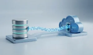 Organized data flows smoothly from a legacy database into a modern cloud server, symbolizing successful data migration.