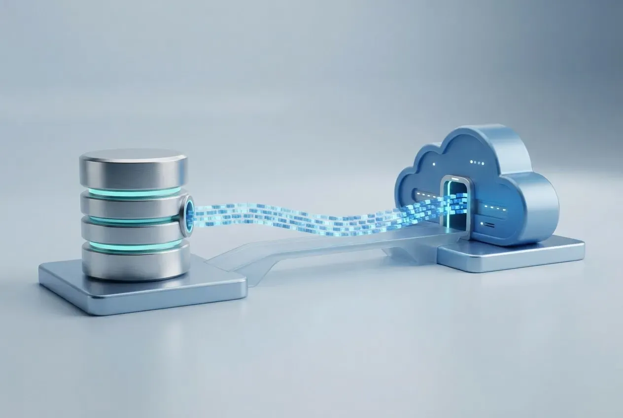 Organized data flows smoothly from a legacy database into a modern cloud server, symbolizing successful data migration.