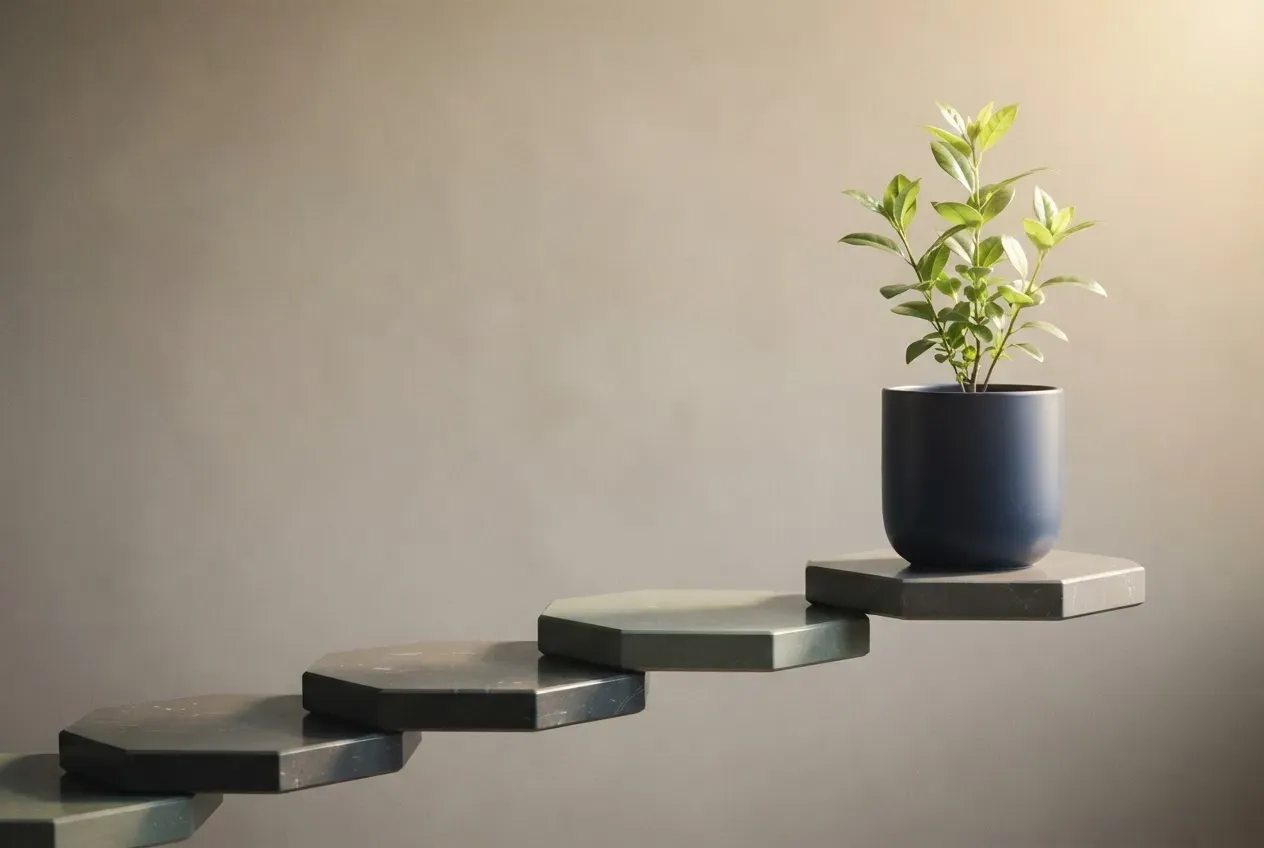 Flourishing green plant at the end of an ascending pathway, symbolizing a risky professional development investment that led to growth.