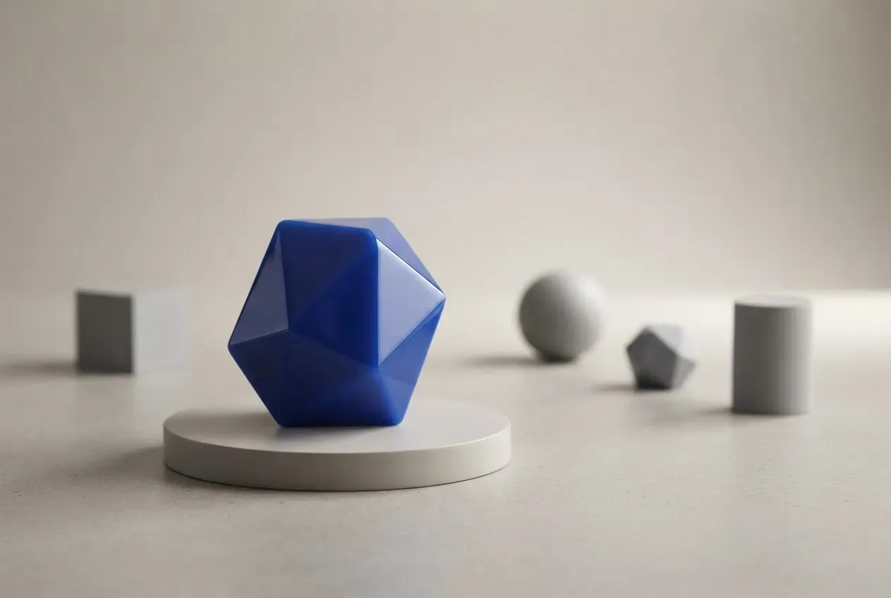 Distinctive blue geometric product standing apart from uniform gray forms on a neutral studio background.