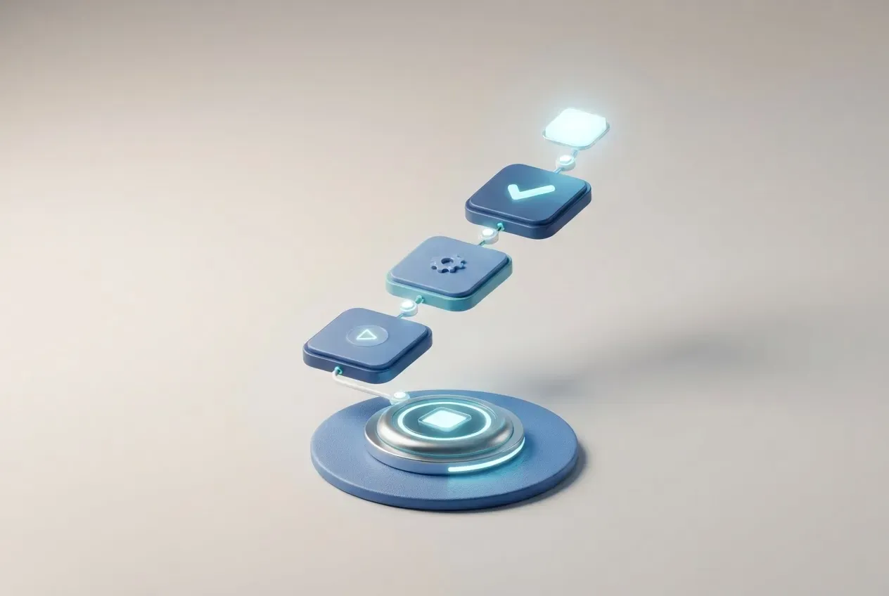 Glowing software training pathway connecting learning modules to a successful adoption milestone on a neutral background.