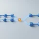 3D workflow pathway with blue process nodes converging at an amber bottleneck checkpoint on a neutral background.