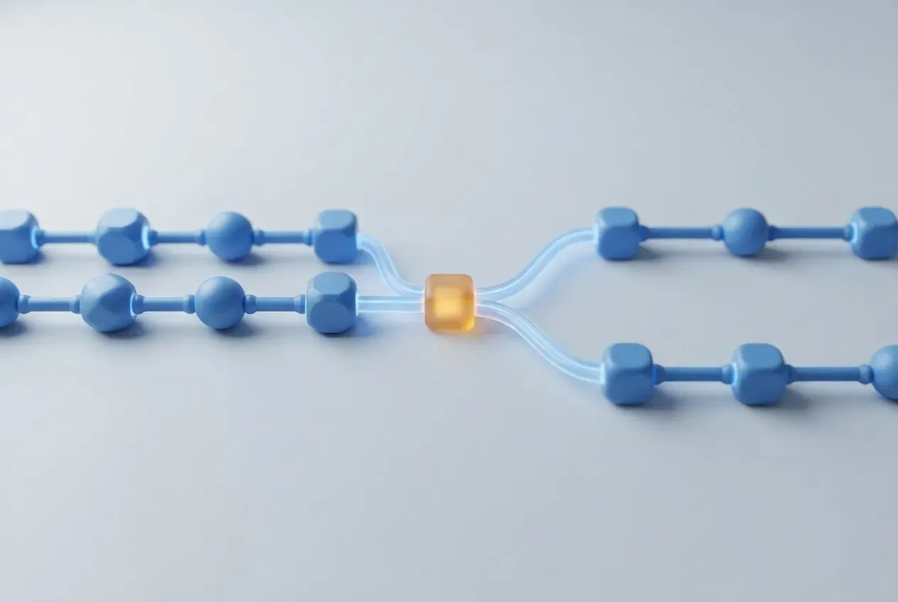 3D workflow pathway with blue process nodes converging at an amber bottleneck checkpoint on a neutral background.
