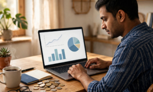 Indian man comparing savings account options on a laptop at home, with rupee coins and a passbook on the desk
