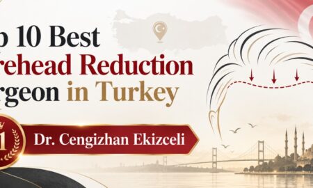 Top 10 best forehead reduction surgeons in Turkey featured graphic with hairline lowering illustration and Istanbul skyline