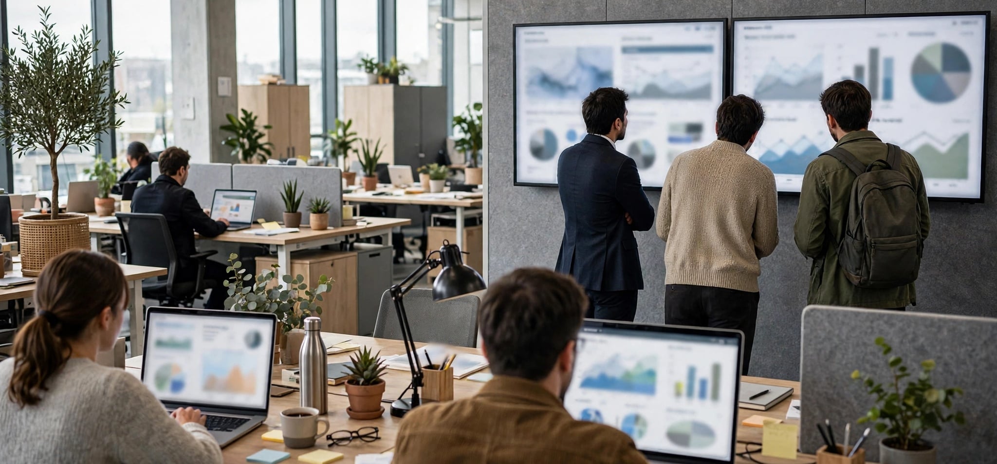 HR team reviewing employee management dashboards in modern office