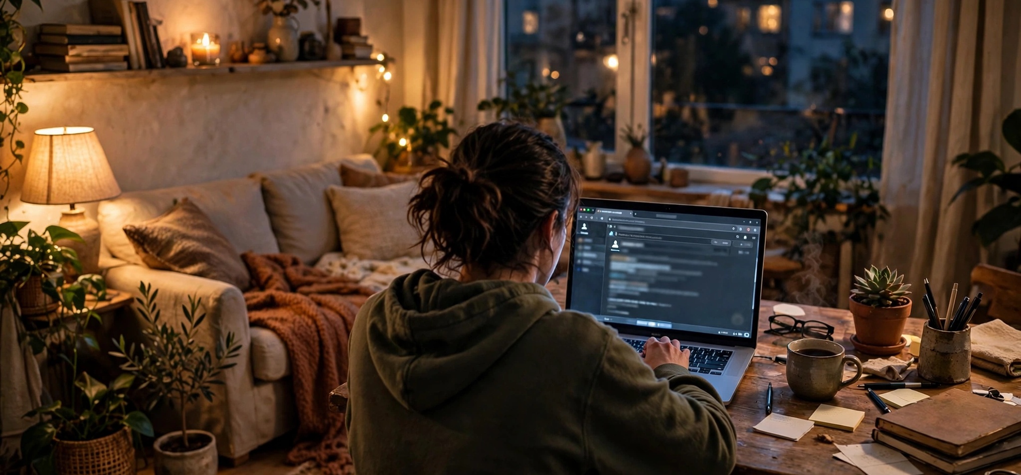 Person using laptop with private browsing at home in the evening