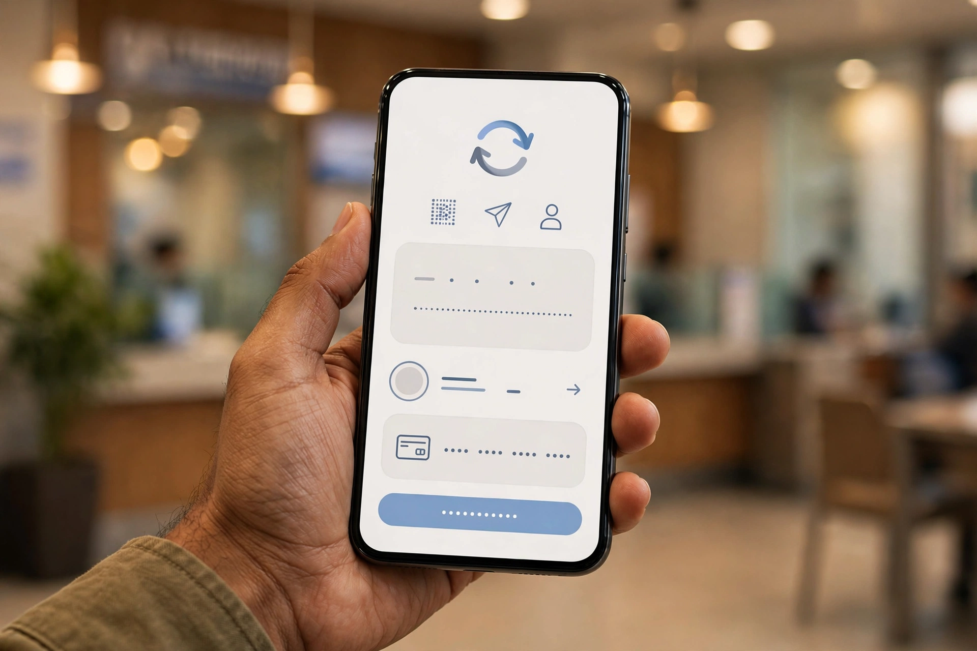Hand holding a smartphone showing a UPI payment screen, blurred bank branch in the background