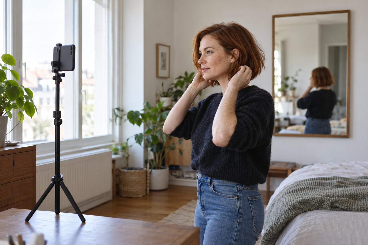 A woman standing in daylight in front of a smartphone mounted on a small tripod.