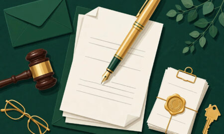 Estate planning legal documents illustration with fountain pen, will papers, wax seal, gavel and house key