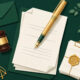 Estate planning legal documents illustration with fountain pen, will papers, wax seal, gavel and house key