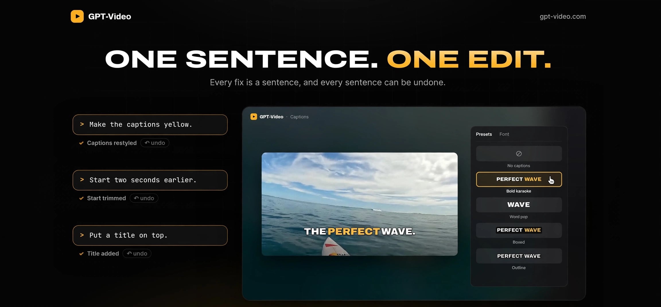 GPT-Video vibe editing interface showing chat-based video editing with caption presets