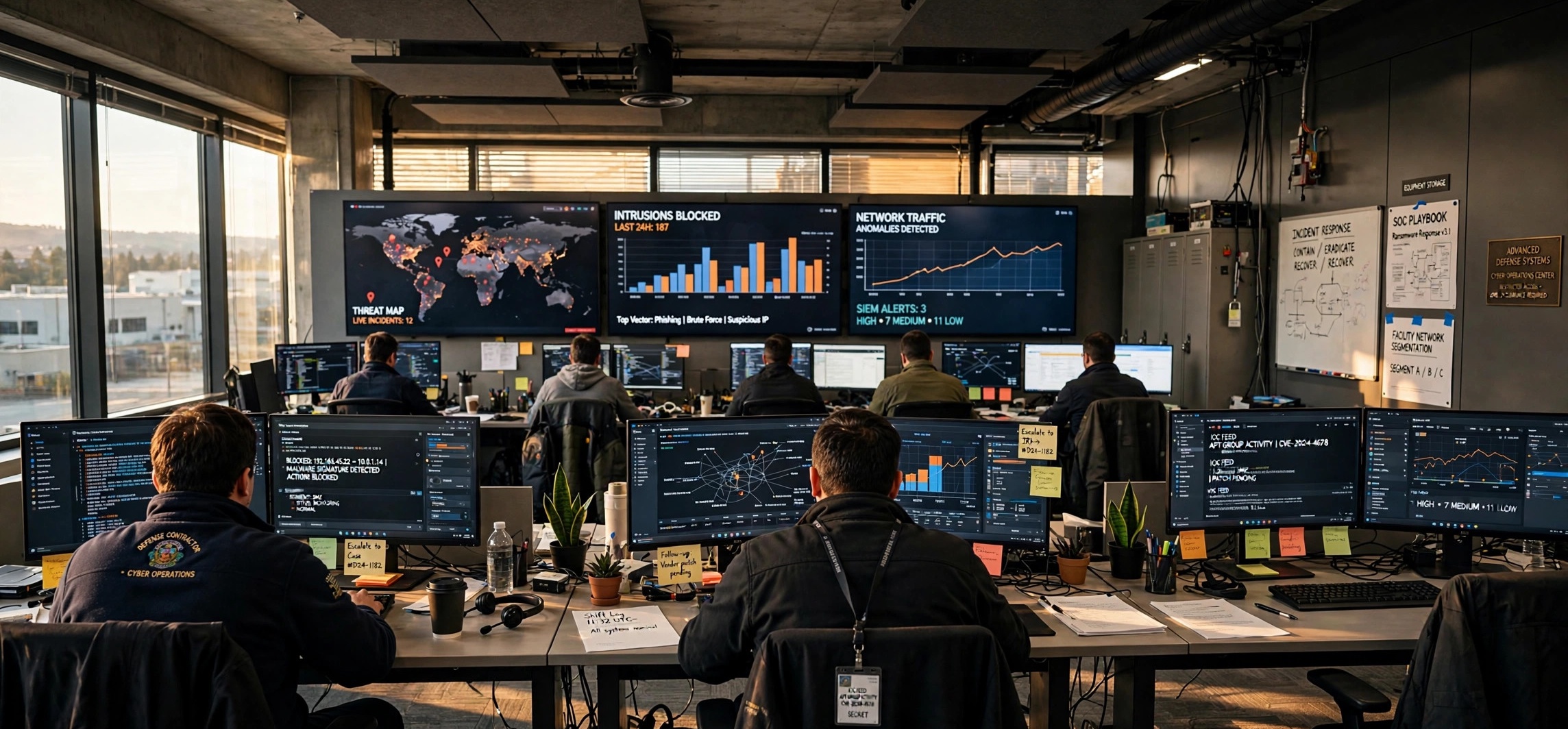 Cybersecurity operations center at a defense contractor facility with analysts monitoring security dashboards