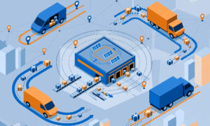 Multi-carrier delivery network illustration showing delivery trucks and parcel routing hub