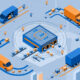 Multi-carrier delivery network illustration showing delivery trucks and parcel routing hub