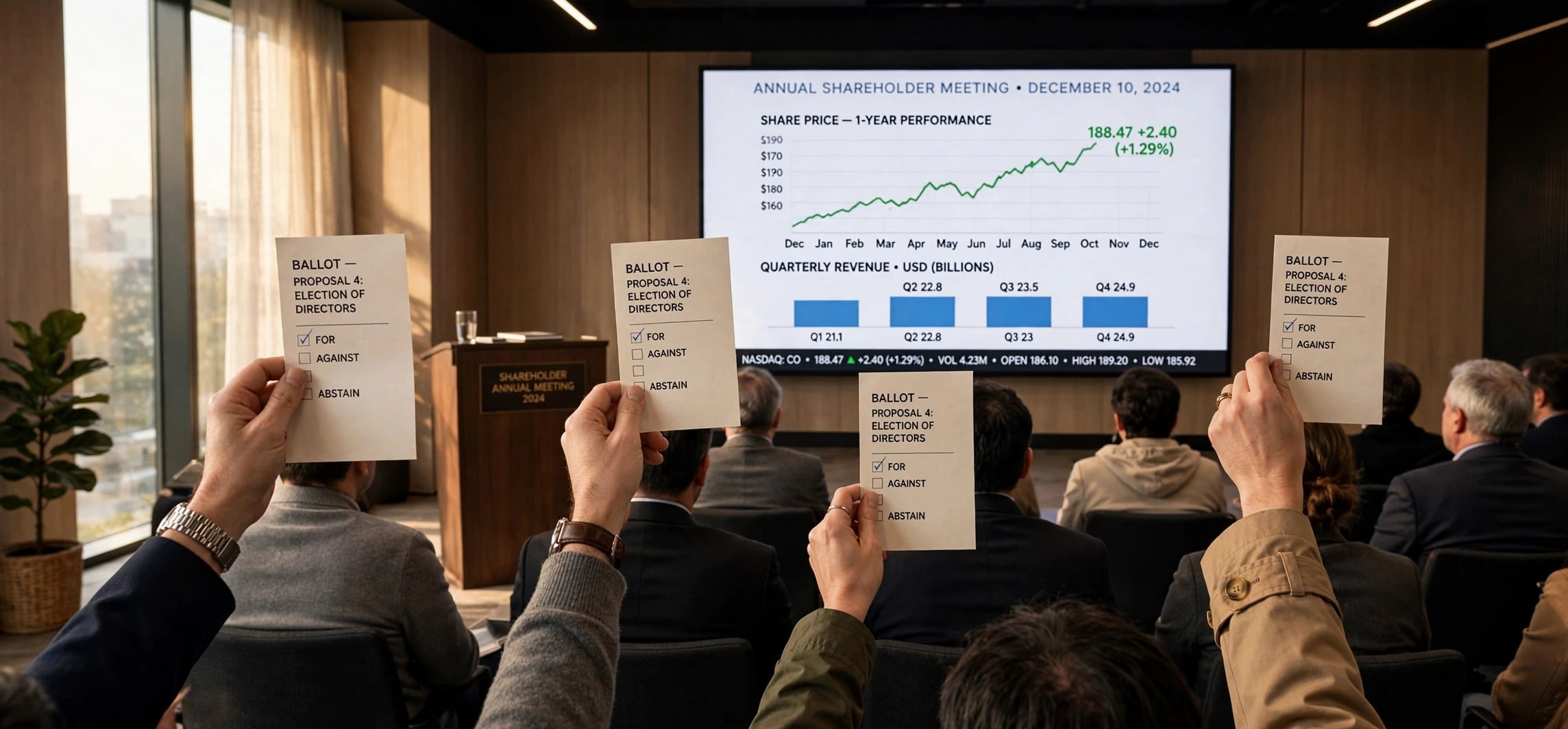 Shareholders raising voting ballots at an annual general meeting with stock charts on screen