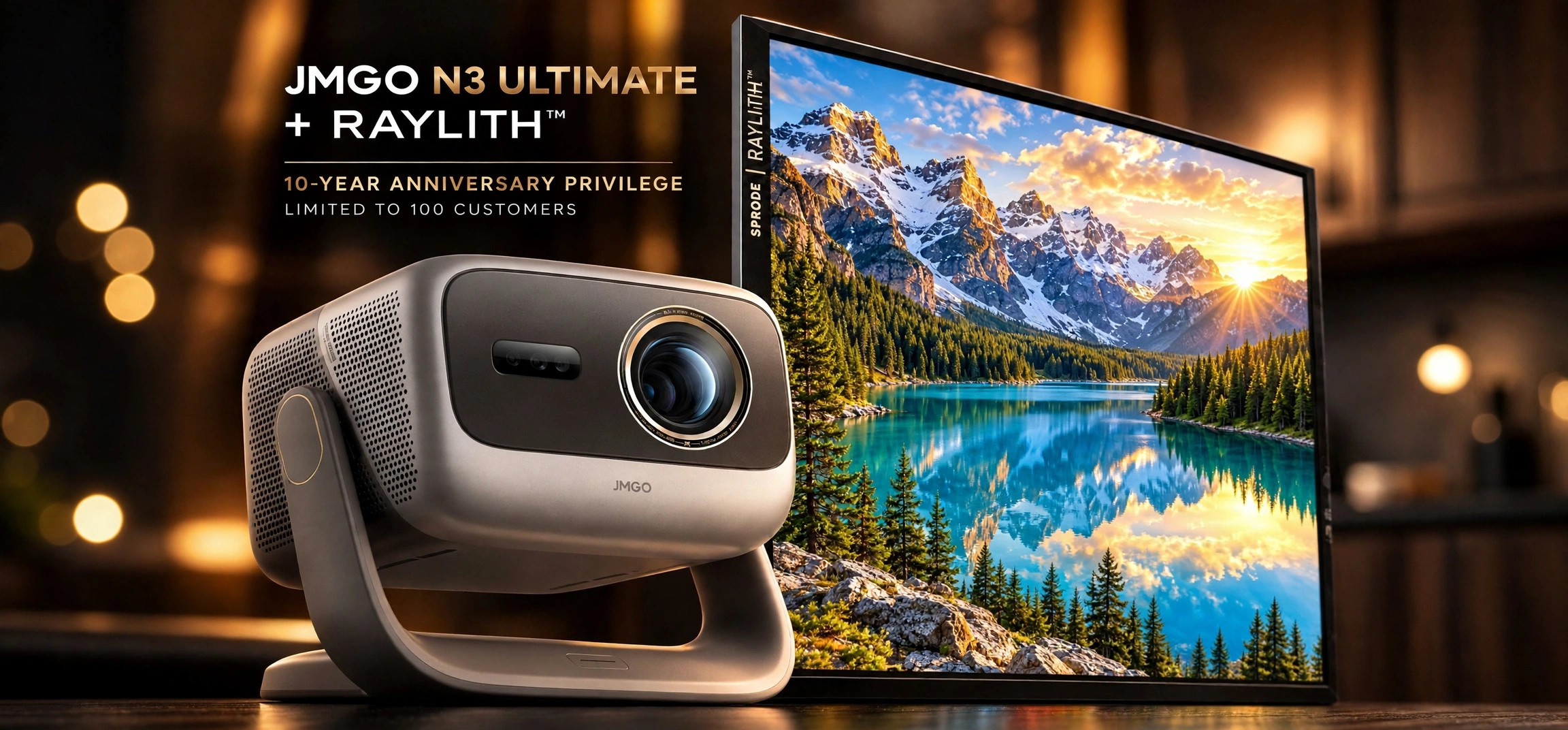 JMGO N3 Ultimate projector with SPRODE RAYLITH screen showing mountain landscape