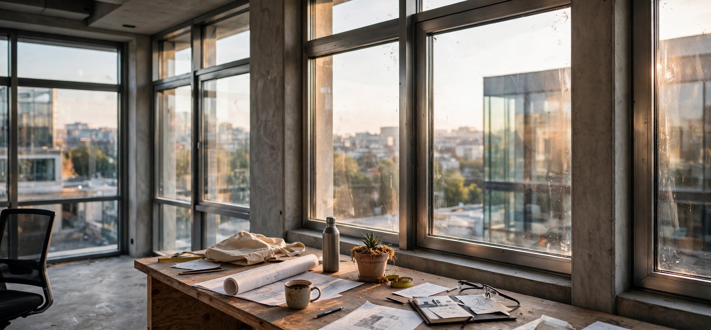 Modern aluminum-framed windows with double glazing in a contemporary building interior