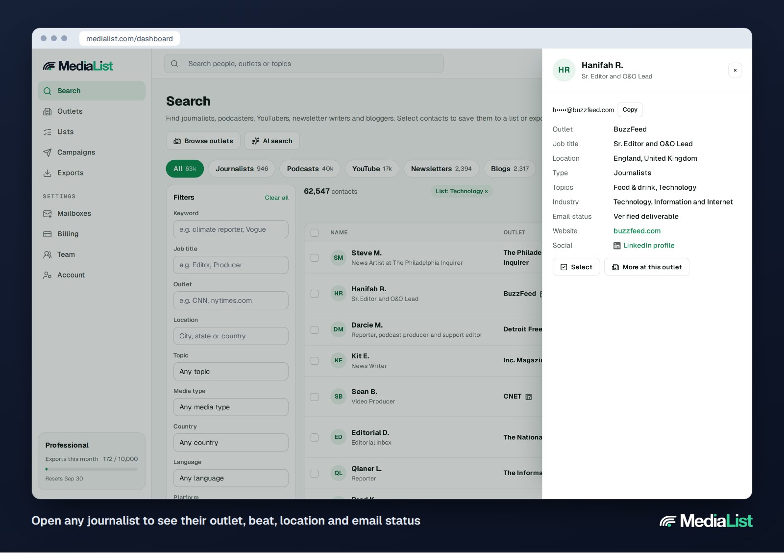 Media List journalist profile showing outlet, beat, location and email status
