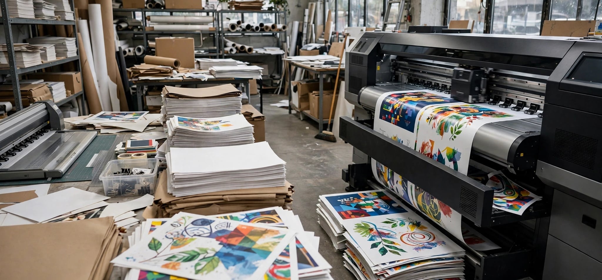 Modern digital printing workshop producing posters and documents