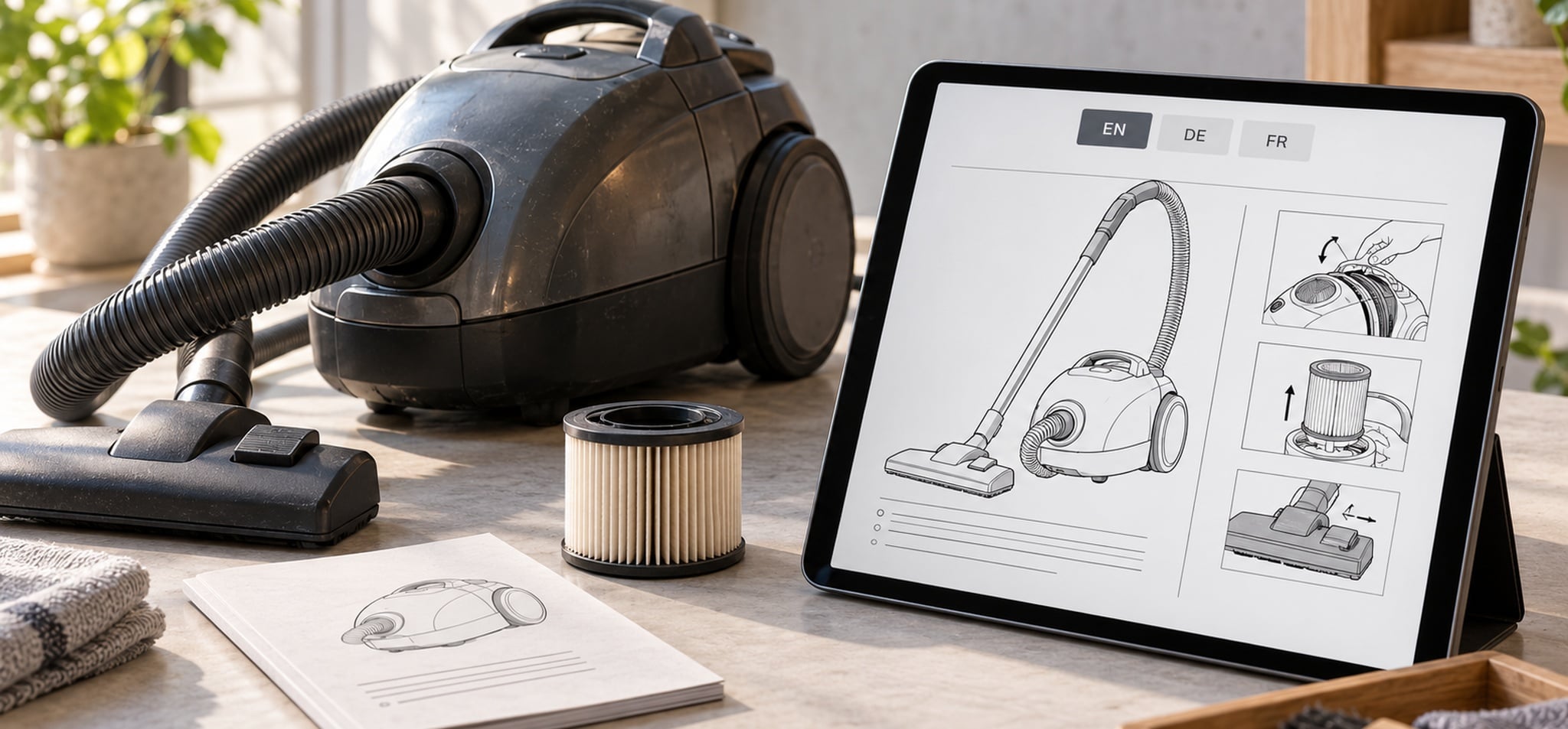 Multilingual product documentation vacuum cleaner manual tablet EN DE FR