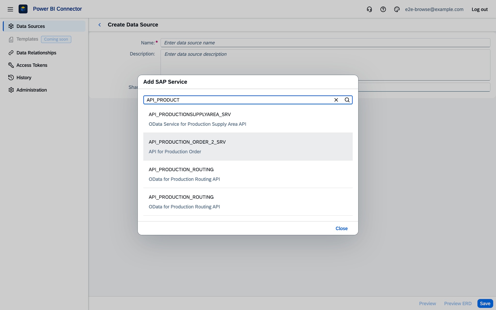 Power BI Connector Add SAP Service dialog searching API services