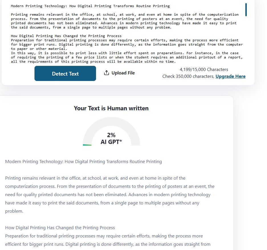 AI detection check result for modern printing technology article