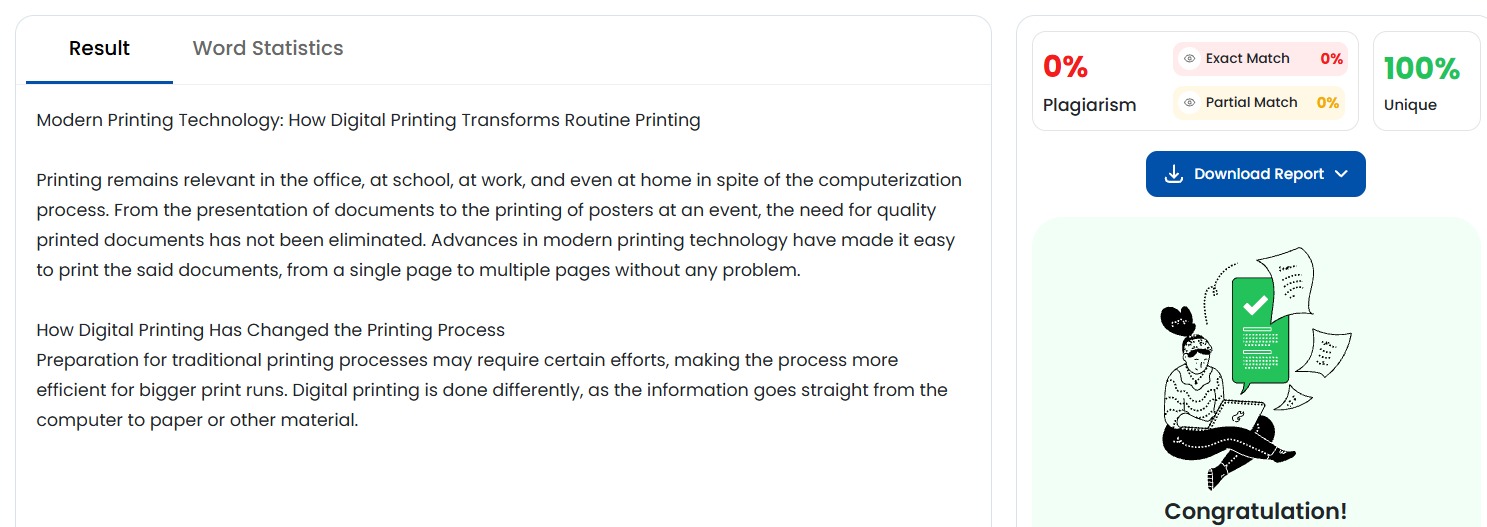 Plagiarism check result for modern printing technology article