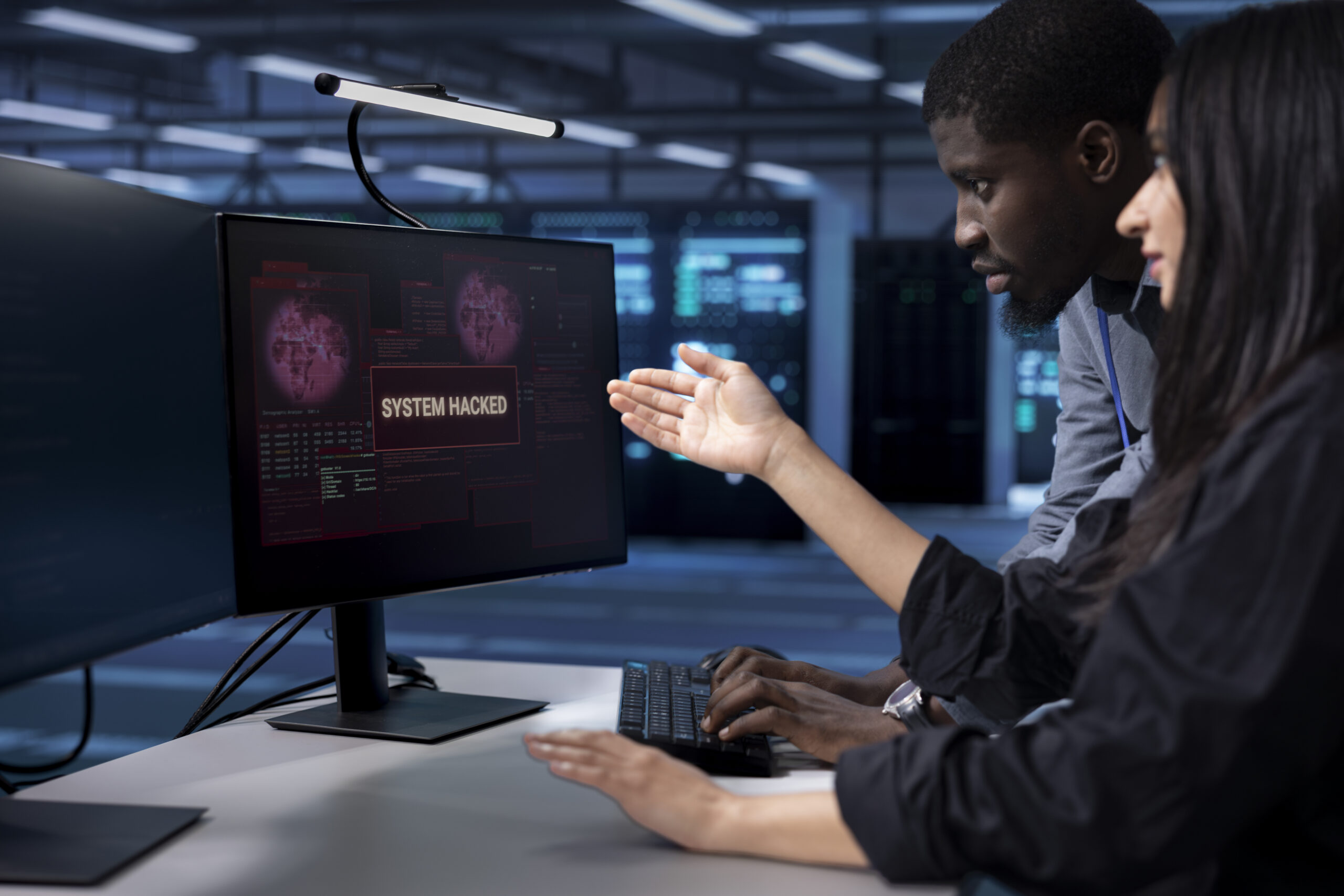 People viewing a computer screen displaying “System Hacked,” representing a data breach, cybersecurity risks, and potential identity theft from exposed personal information.