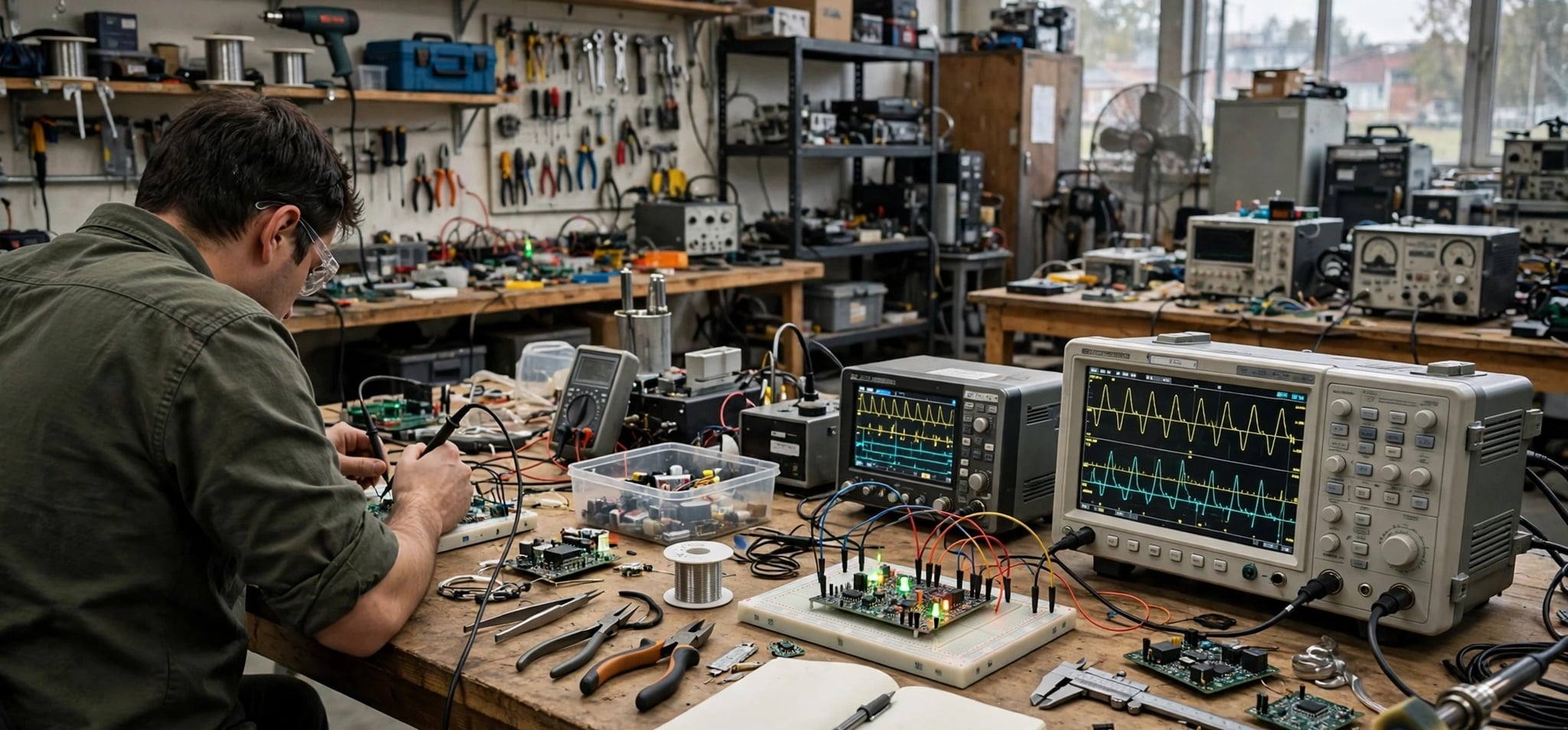 Engineer testing embedded circuit board in electronics lab